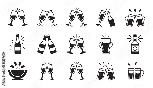 Alcohol drinks toast icons featuring beer mugs wine glasses and bottle clinking vector set.