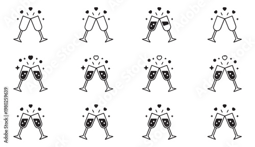 Champagne glasses clinking celebration toast with sparkles and hearts vector.