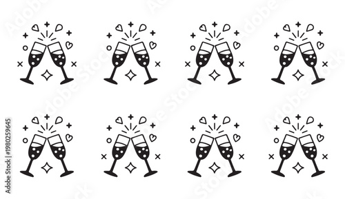 Celebration champagne glasses icon set with sparkling bubbles and festive confetti elements.
