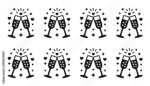 Champagne glasses clinking celebration toast with hearts and sparkles vector illustration.