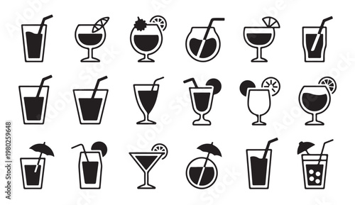 Black silhouette cocktail glasses and drinks with straws and garnishes vector icons.