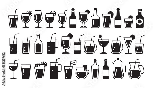 Assorted cocktail and beverage icons featuring various glassware with garnishes and straws.