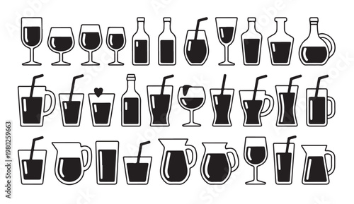 Cold beverage and juice glass icons with drinking straws and various bottle shapes included.