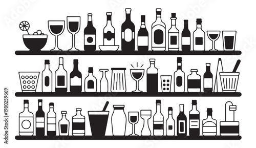 Bottle and glass collection displayed on shelves for restaurant and retail interior designs.