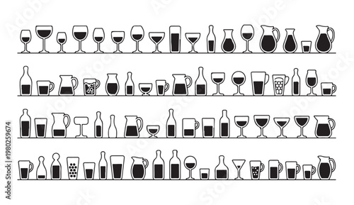 Beverage glassware and pitcher outline icons organized on horizontal lines for menu layout.