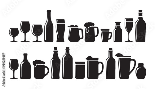 Various beverage glass silhouettes and bottle shapes collection for menu and kitchen theme.