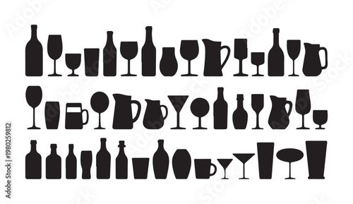Set of silhouettes of glasses and bottles for various alcoholic beverages collection.
