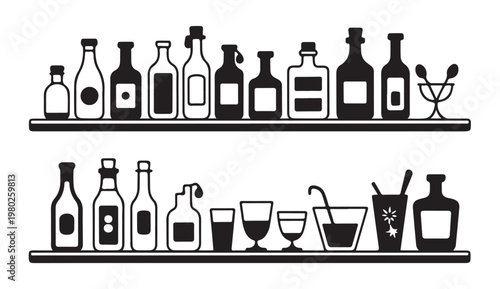 Collection of liquor bottles and cocktail glasses arranged on shelves vector silhouette set.