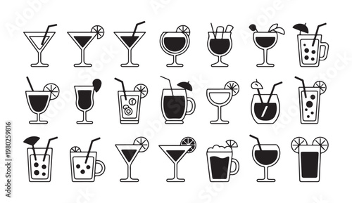 Martini and cocktail icons set featuring diverse garnishes and glass styles in black silhouette.