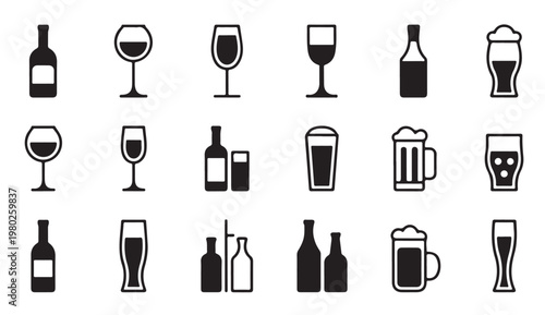 Set of various wine and beer bottles and glasses collection.