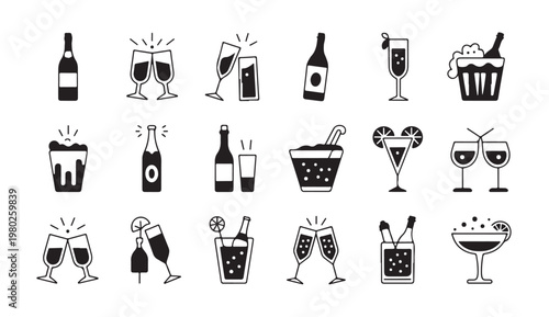 Set of festive drinks, champagne bottles, and glasses collection.