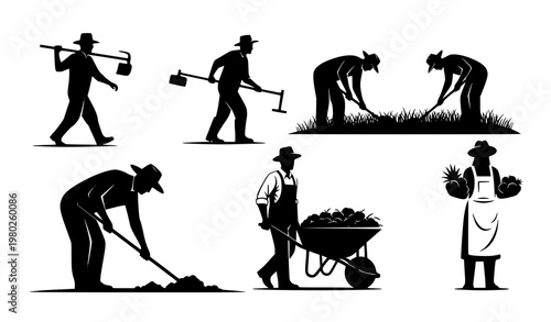 Stylized diverse farmer silhouettes with dynamic agricultural poses representing rural lifestyle isolated vector