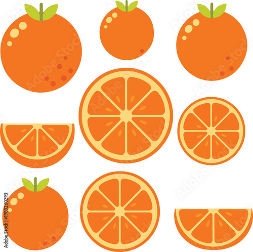 Pixel Art Orange Slices Half and Whole Citrus Fruits Vector Icon Set