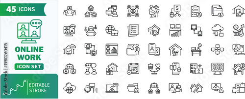 Online work icon set showing remote job and home office .Forty-five line icons depicting various aspects of online work, remote jobs, and home office concepts