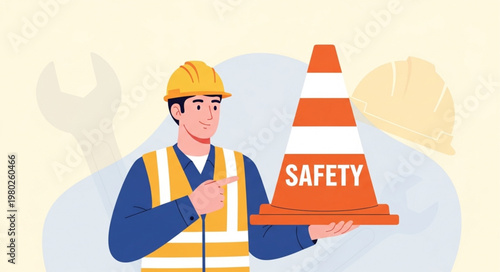 Construction Worker Holding Safety Cone Wearing Hardhat And Vest.