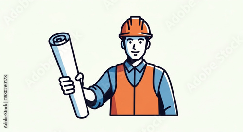 Construction Worker Holding Rolled Blueprint Wearing Safety Gear.