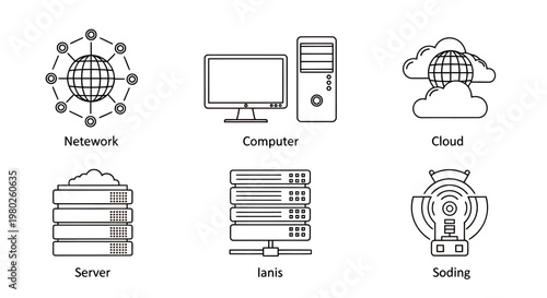 Illustration of IT infrastructure elements including network, computer, cloud, server, and LAN icons.