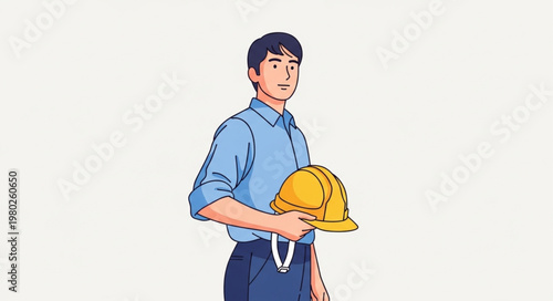 Construction worker holding yellow hard hat portrait standing.