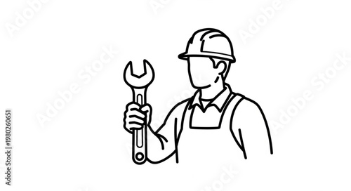 Construction worker holding wrench wearing hard hat.
