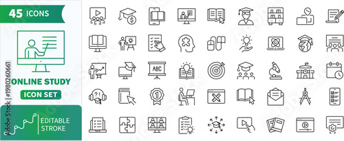 Online study and e-learning icon set for education . Collection of outline icons representing concepts of online study, education, and distance learning