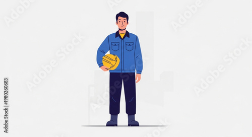 Construction Worker Holding Yellow Hard Hat Standing.