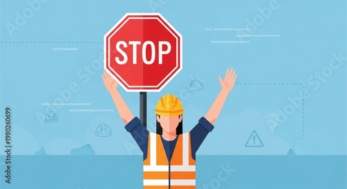 Construction Worker Holding Stop Sign Traffic Controller.