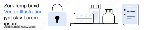 Data security, pharmaceutical research, healthcare access, digital privacy, medical records, secure storage. Padlock symbol with pills, bottles and files. Data security and pharmaceutical research