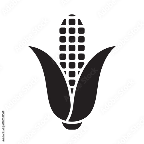 Stylized black and white illustration of a corn cob with husks