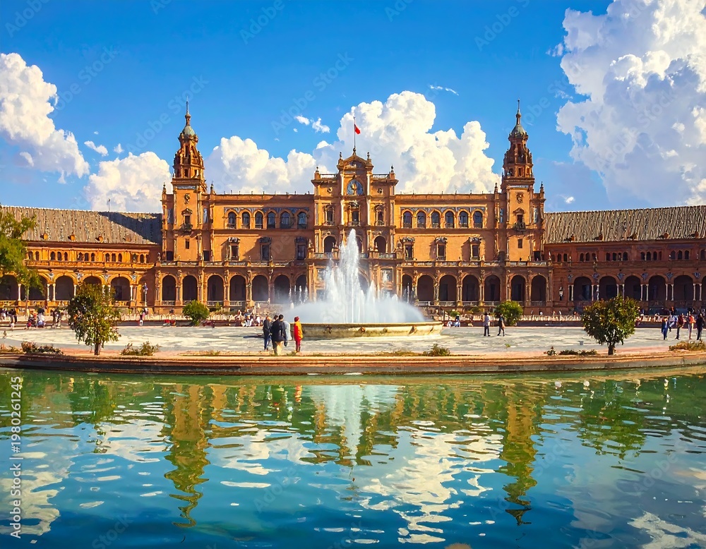 Obraz premium A large building with a fountain and pond in front of it