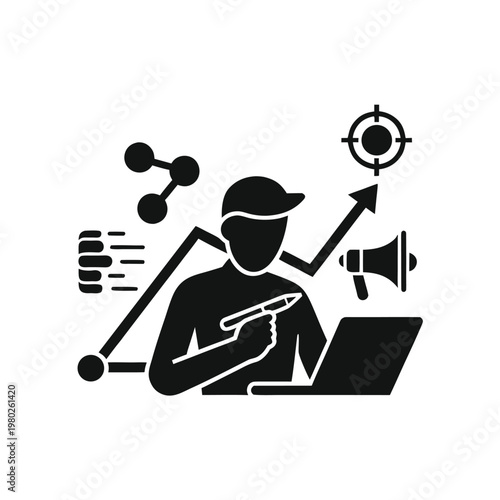 Modern marketing strategy silhouette with business analytics growth chart digital planning concept clean minimal vector isolated transparent background design