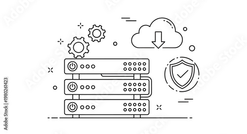 Abstract illustration of data servers connected to the cloud and gear.