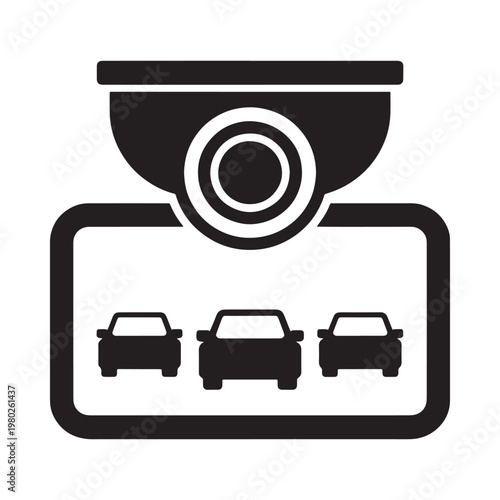 Black and white icon depicting a parking sensor with cars below