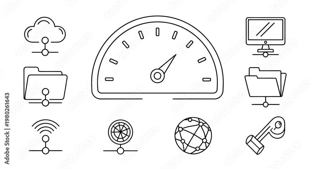 Fototapeta premium Icon set illustrating technology, connectivity, and digital infrastructure concepts with speedometer, globe, monitor, and network symbols.