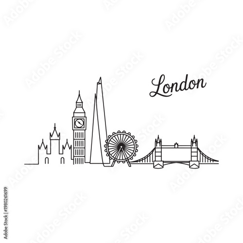 Minimalist line art depicts iconic landmarks of london england