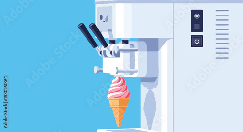 Pixel Art Soft Serve Ice Cream Machine Dispensing Pink Cone On Blue
