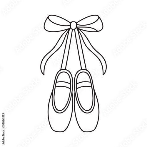 Black and white illustration of ballet shoes with a decorative bow