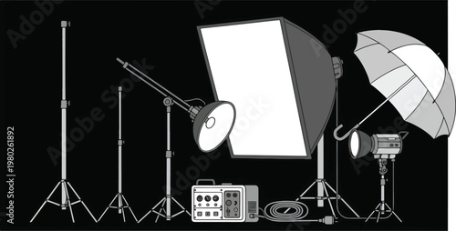 Pixel Art Photography Studio Equipment Setup With Softbox And Umbrella