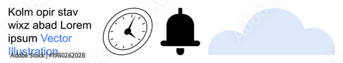 Time management, notifications, digital storage, punctuality, reminders, cloud computing. Black bell, clock blue cloud icon. Time management and notifications theme