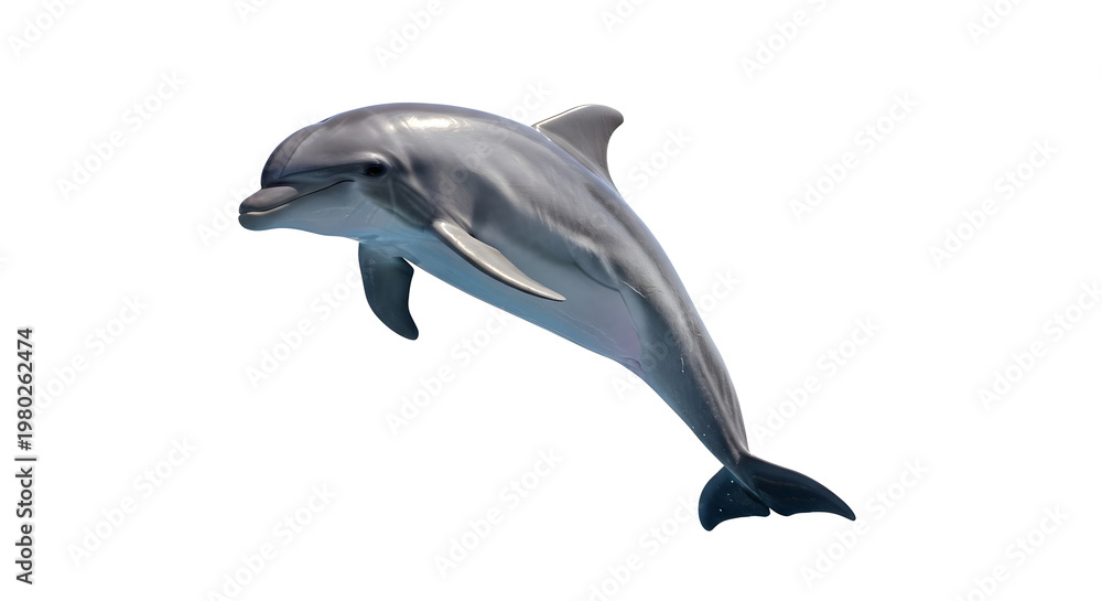 Fototapeta premium Majestic grey bottlenose dolphin jumping out of the water with a splash isolated on white background, intelligent marine mammal performing an acrobatic leap in the ocean, freedom & nature conservation