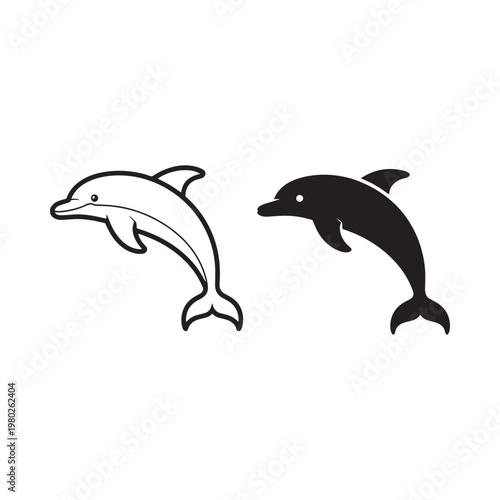 Two stylized dolphin illustrations one white and one black leaping