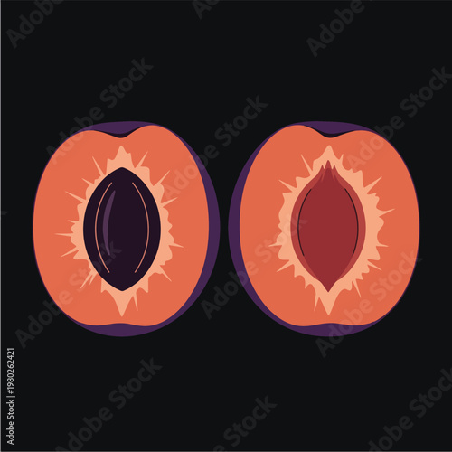 Pixel Art Plums Halved With Pit Isolated On Black Vector