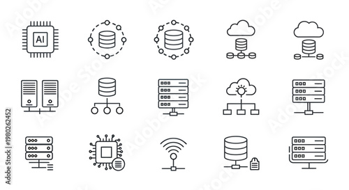 Collection of technology oriented icons depicting servers, cloud, network, and data center infrastructure for digital environments.