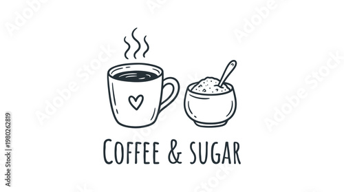 Doodle Style Coffee Cup And Sugar Bowl With Text