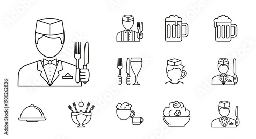 Line art icons showing people with drinks and service elements for social dining and celebration.