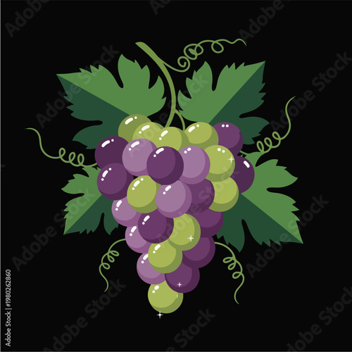 Pixel Art Purple And Green Grapes With Leaves On Black Background Vector