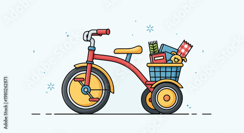 Red Tricycle With Basket Filled With Toys Picnic Pixel Art Illustration
