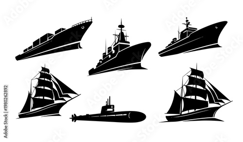 Stylized naval and merchant ship silhouettes with sailing vessel and submarine in dynamic composition isolated vector