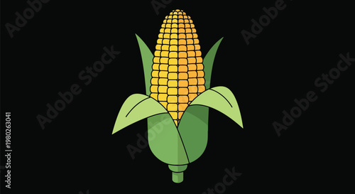Pixel Art Style Yellow Corn Cob With Green Leaves Isolated On Black