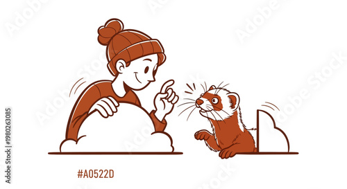 Cartoon person interacting playfully with curious ferret