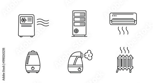 A collection of minimalist line art icons depicting various home climate control and purification devices